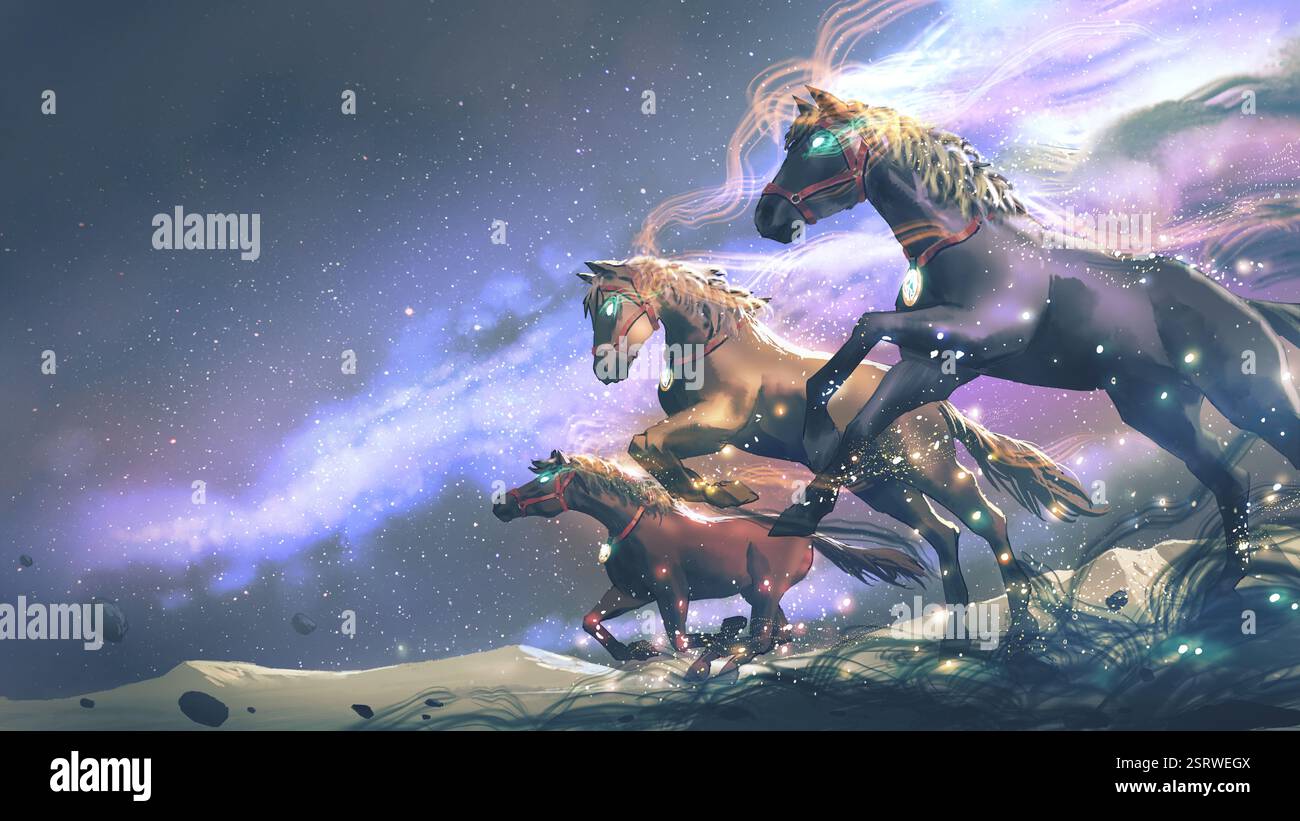 Trois chevaux fantaisistes brillants au galop à travers les étoiles Banque D'Images
