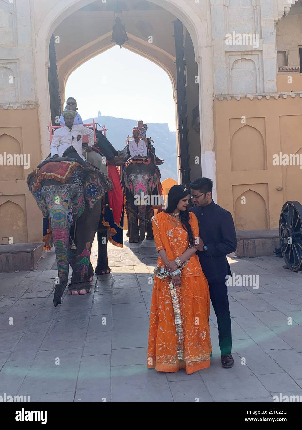 Jaipur Devisinghpura mariée mariée mariée Inde robe Elephant Ride chevauchant turban homme fille garçon dame costume cour mariée mariage jolie femme - Image de stock capturée avec un smartphone