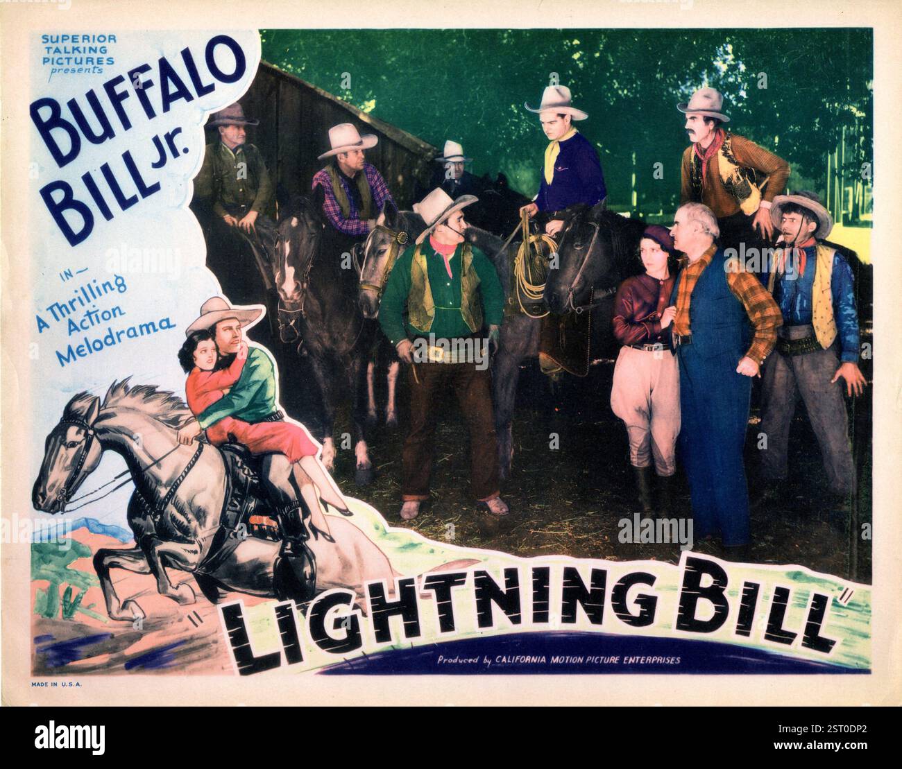 LIGHTNING BILL [US 1934] BUD OSBOREN [debout au centre gauche], JAY WILSEY comme Buffalo Bill Jr [au centre], ALMA RAYFORD, WILLIAM MCCALL, NELSON MCDOWELL [à cheval derrière] date : 1934 Banque D'Images