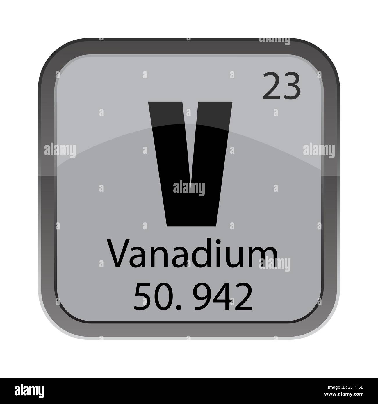 Elément chimique à base de vanadium. Symbole V texte. Numéro 23 vingt-trois. Masse 50,942 cinquante point neuf quatre deux. Illustration de Vecteur