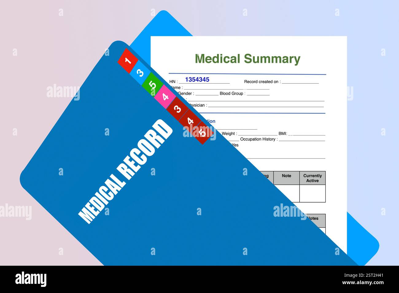 Image graphique des informations personnelles du patient dans le dossier de dossier médical ouvert. Banque D'Images
