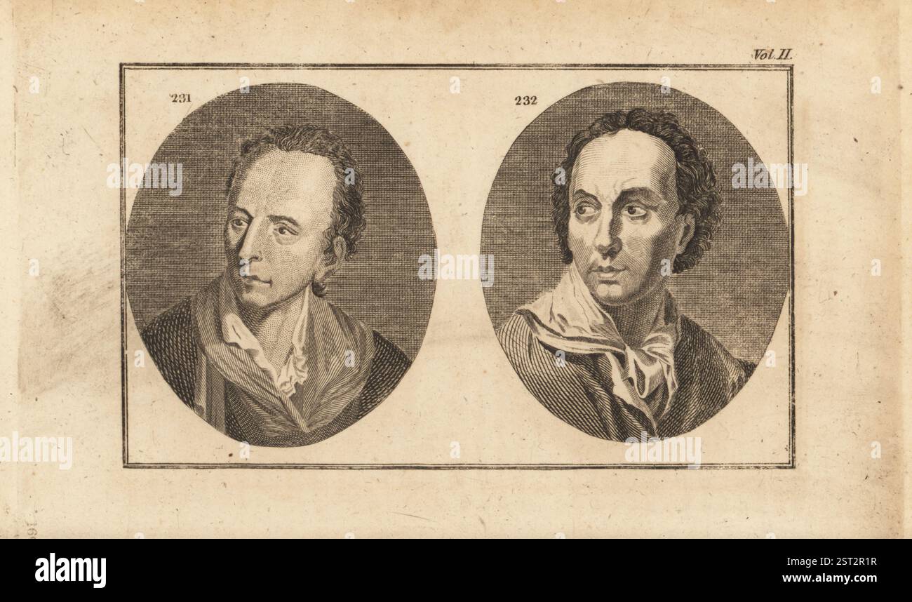 L'écrivain et historien allemand Johann Just Winckelmann, portrait d'Angelika Kauffmann, 1620-1699, et le peintre allemand Anton Raphael Mengs, autoportrait, 1728-1779. Gravure sur cuivre de John Barlow de l’ouvrage The Whole Works of Lavater de John Grenville sur Physiognomy, W. Butters, W. Simmonds, Londres, 1797. Banque D'Images