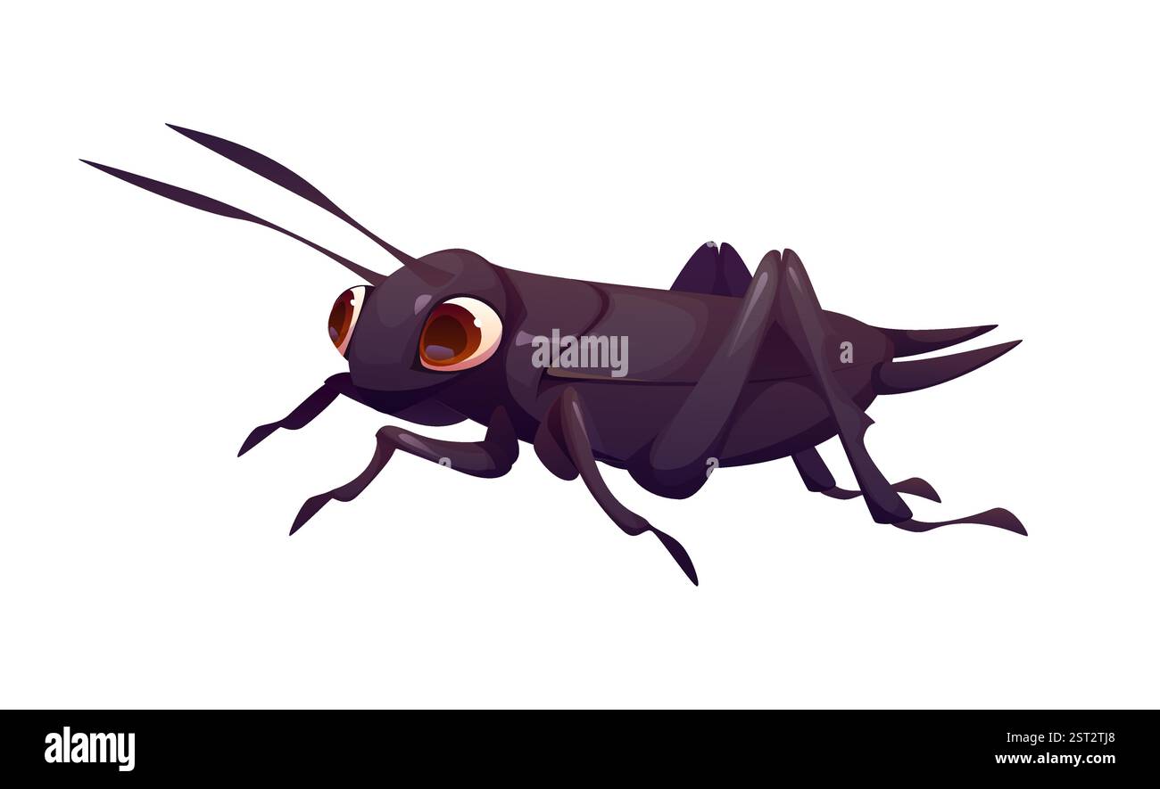 Personnage d'insecte de cricket drôle de dessin animé avec de grands yeux expressifs. Personnage de ravageur ludique et drôle de vecteur isolé pour les livres d'enfants. natura ludique Illustration de Vecteur