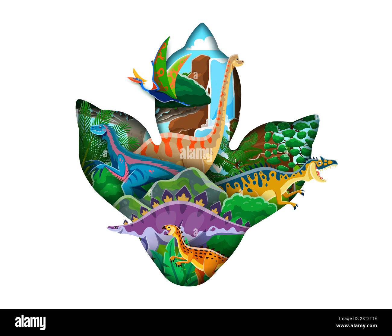 Empreinte de dinosaure coupé en papier avec des personnages drôles de dinosaure. Cadre vectoriel 3d isolé en forme de patte de dinosaure avec des talons remplis d'animaux préhistoriques Illustration de Vecteur