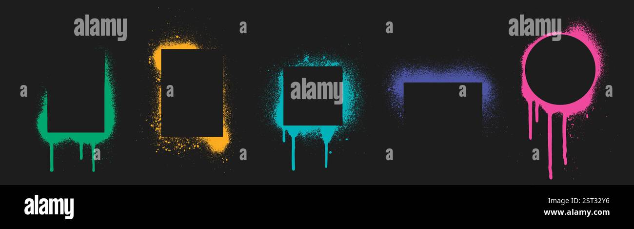 Cadres de pochoir graffiti avec effet néon - formes géométriques de bordures rectangulaires, carrées et circulaires dans des couleurs vives avec des gouttes et des particules dispersées sur fond sombre. Éléments d'art de rue. Illustration de Vecteur