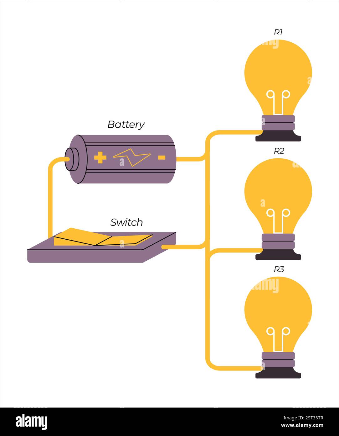 Chemins de fils de circuit électrique parallèle technologie de l'énergie ampoule inductance borne science physique expérience pédagogique conception d'icône d'énergie électrique Illustration de Vecteur