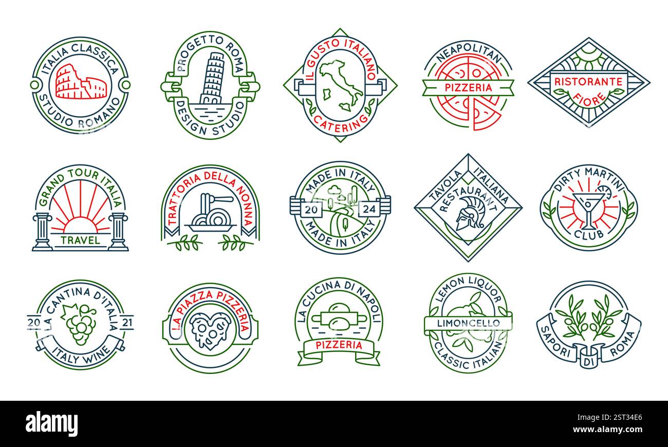 Ensemble de 15 icônes de la cuisine italienne et de la culture logo Illustration de Vecteur