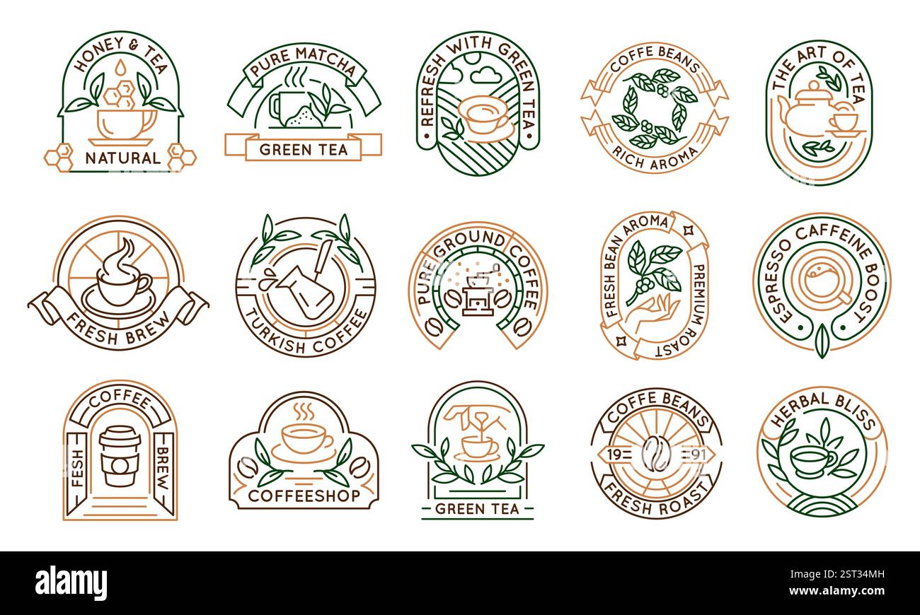 Ensemble de 15 icônes de logo thé et café Illustration de Vecteur