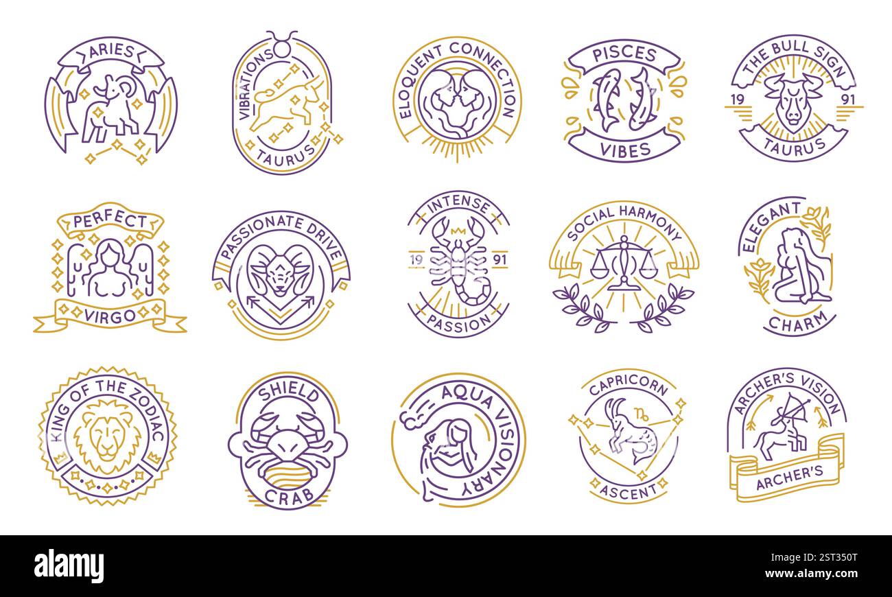 Ensemble de 15 icônes de logo Zodiac Illustration de Vecteur