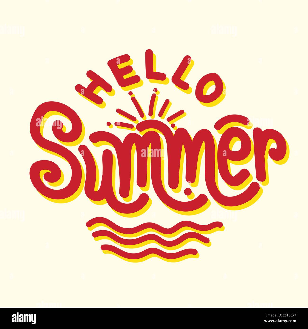 Hello Summer logo en lettrage dessiné à la main pour célébrer les vacances d'été. Typographie de style rétro avec illustration vectorielle d'onde de soleil et de plage. Illustration de Vecteur