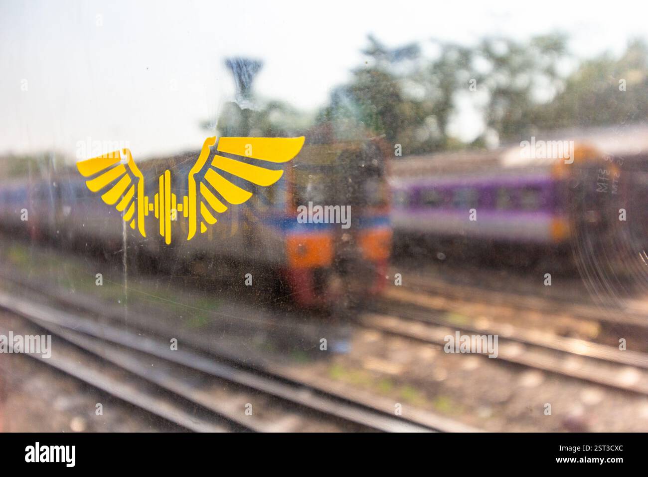 Symbole du chemin de fer d'État de Thaïlande affiché sur une fenêtre de train à la gare de Hua Lamphong à Bangkok Banque D'Images