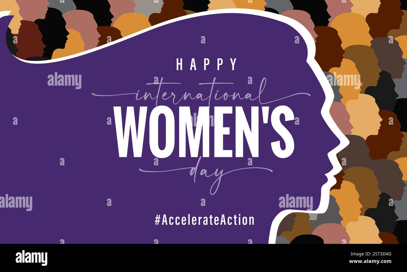 Bonne Journée internationale des femmes - Accelerate action, bannière avec des silhouettes de visages de femmes. Carte de voeux pour le 8 mars avec silhouette découpée Illustration de Vecteur