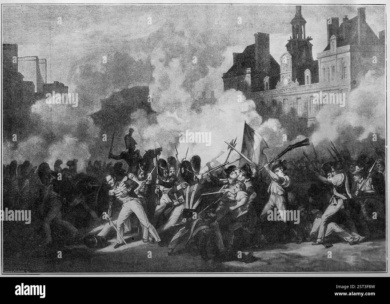 France. Paris. Révolution de 1830. 28 juillet. Combat devant la mairie (Hôtel de ville).. Lithographie par Martinet. 19thc. Banque D'Images