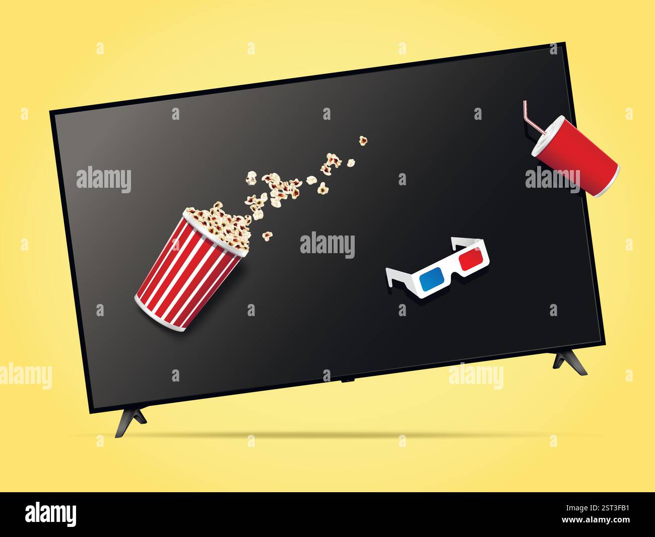 Lévitation réaliste dans l'ensemble de télévision à air, pop-corn, boisson, verres 3D, concept de regarder des films et des séries. Illustration vectorielle. Illustration de Vecteur