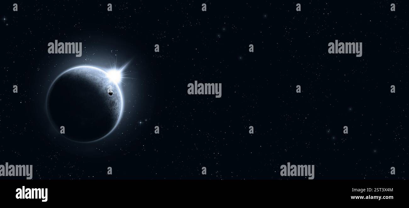 éclipse solaire imaginaire. image bleue de l'espace de rêve avec des étoiles et des lumières Banque D'Images