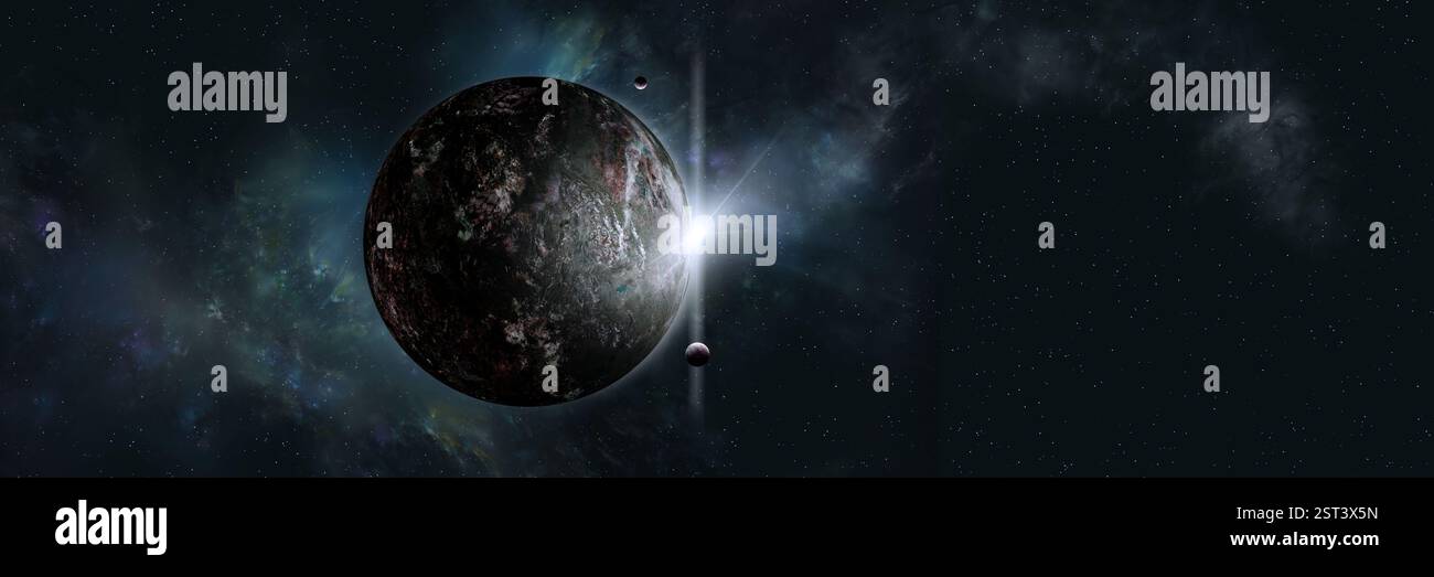 illustration extraterrestre de l'espace profond. planète lever de soleil dans la bannière imaginaire de l'univers Banque D'Images
