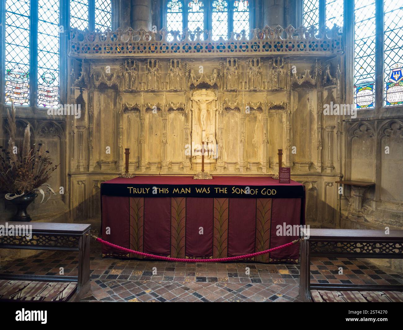 Vraiment cet homme était le fils de Dieu, Alter, Chapelle, Cathédrale de Gloucester, Gloucester, Gloucestershire, Angleterre, Royaume-Uni, GB. Banque D'Images