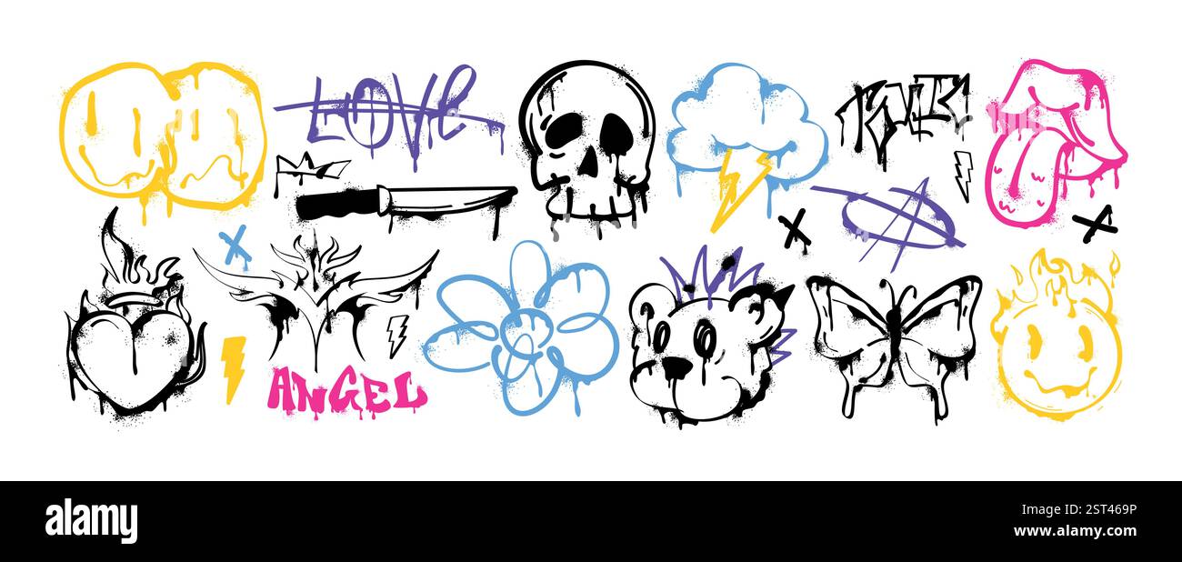 Jeu d'éléments de graffiti pour peinture au pistolet. Street art gothique crâne icône, coeur flamboyant, bouche ouverte avec langue, ours punk rock. Autocollants d'encre grunge, nuage d'éclair, visage de sourire de fonte trippy avec des gouttes Illustration de Vecteur