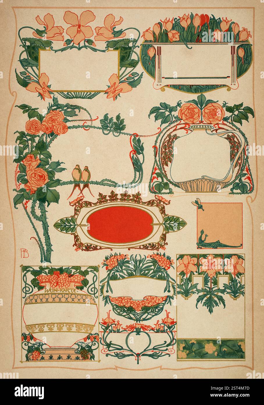 Schilder und Kartuschen, (signes et cartouches), graphismes en couleur avec thème floral par B Panitz de Decorative Vorbilder X, 1899 Banque D'Images