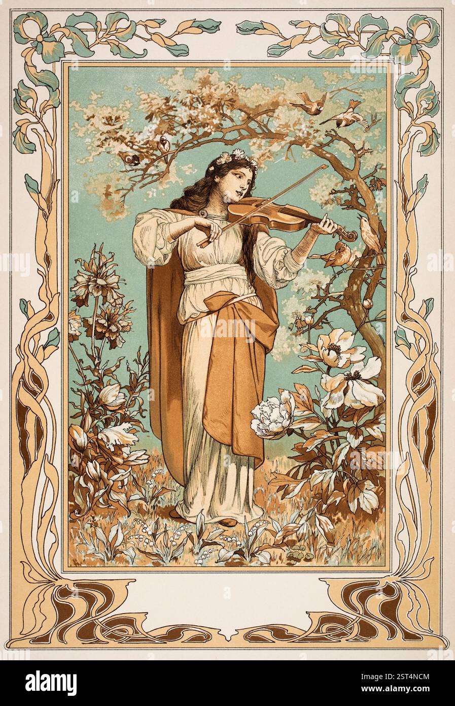 Figure Allegorische (figure allégorique), illustration en demi-teinte couleur d'une femme jouant du violon, aquarelle par le professeur d'art viennois Georg Sturm de Banque D'Images