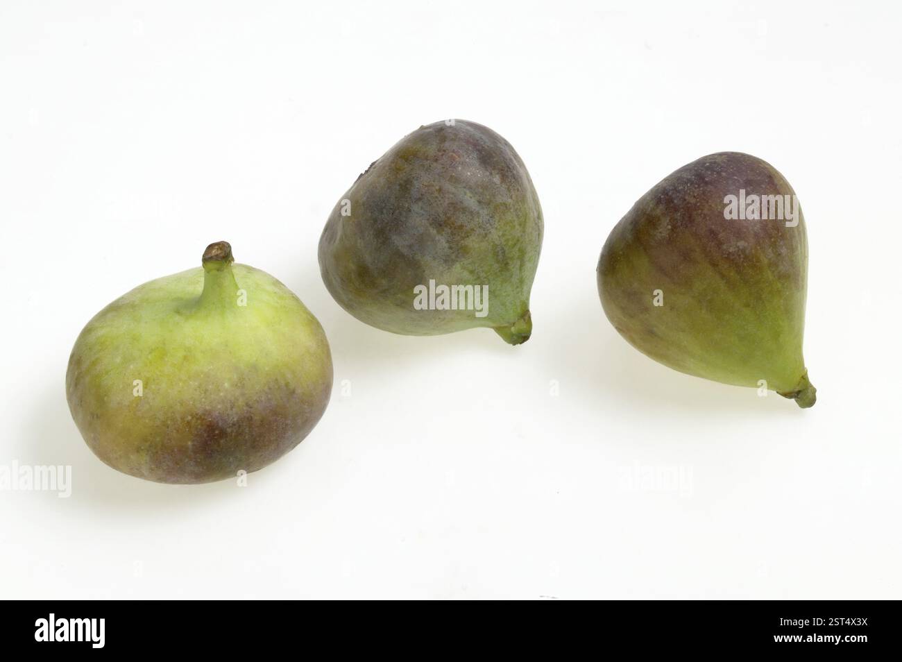 Fruit, trois figues Ficus Anjir, fruit charnu en forme de poire douce jaunâtre ou violet mangé frais Banque D'Images