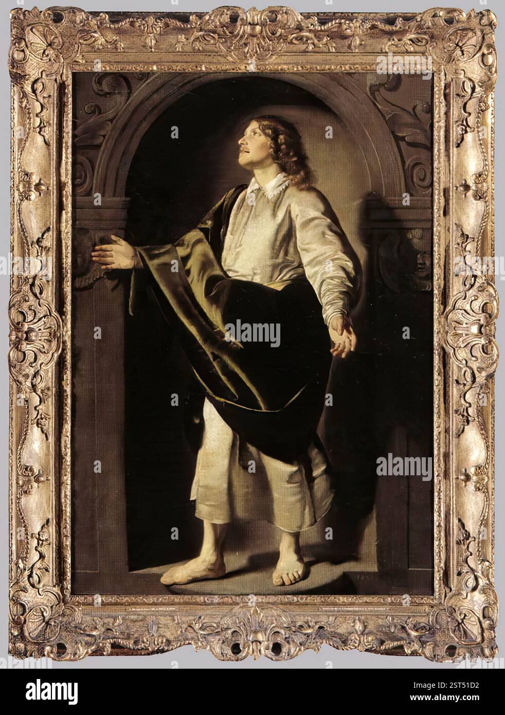 KEYSER, Thomas de (né en 1596/97, Amsterdam, décédé en 1667, Amsterdam) Apôtre Saint Jean 1630 huile sur toile, 114 x 80 cm Musée Amstelkring, Amsterdam cette peinture et son œuvre compagnon, la Vierge Marie, étaient probablement destinés à être montrés de part et d'autre d'une représentation du Christ crucifié, hypothèse soutenue par le regard de Saint Jean. Puisque la Vierge et l'Apôtre ont été représentés comme des sculptures dans une niche, dans un cadre architectural, le Christ absent aurait probablement été une statue. Malheureusement, l'effet que la sculpture aurait eu dans la niche est compensé par l'extravagant fram Banque D'Images KEYSER, Thomas de (né en 1596/97, Amsterdam, décédé en 1667, Amsterdam) Apôtre Saint Jean 1630 huile sur toile, 114 x 80 cm Musée Amstelkring, Amsterdam cette peinture et son œuvre compagnon, la Vierge Marie, étaient probablement destinés à être montrés de part et d'autre d'une représentation du Christ crucifié, hypothèse soutenue par le regard de Saint Jean. Puisque la Vierge et l'Apôtre ont été représentés comme des sculptures dans une niche, dans un cadre architectural, le Christ absent aurait probablement été une statue. Malheureusement, l'effet que la sculpture aurait eu dans la niche est compensé par l'extravagant fram Banque D'Images