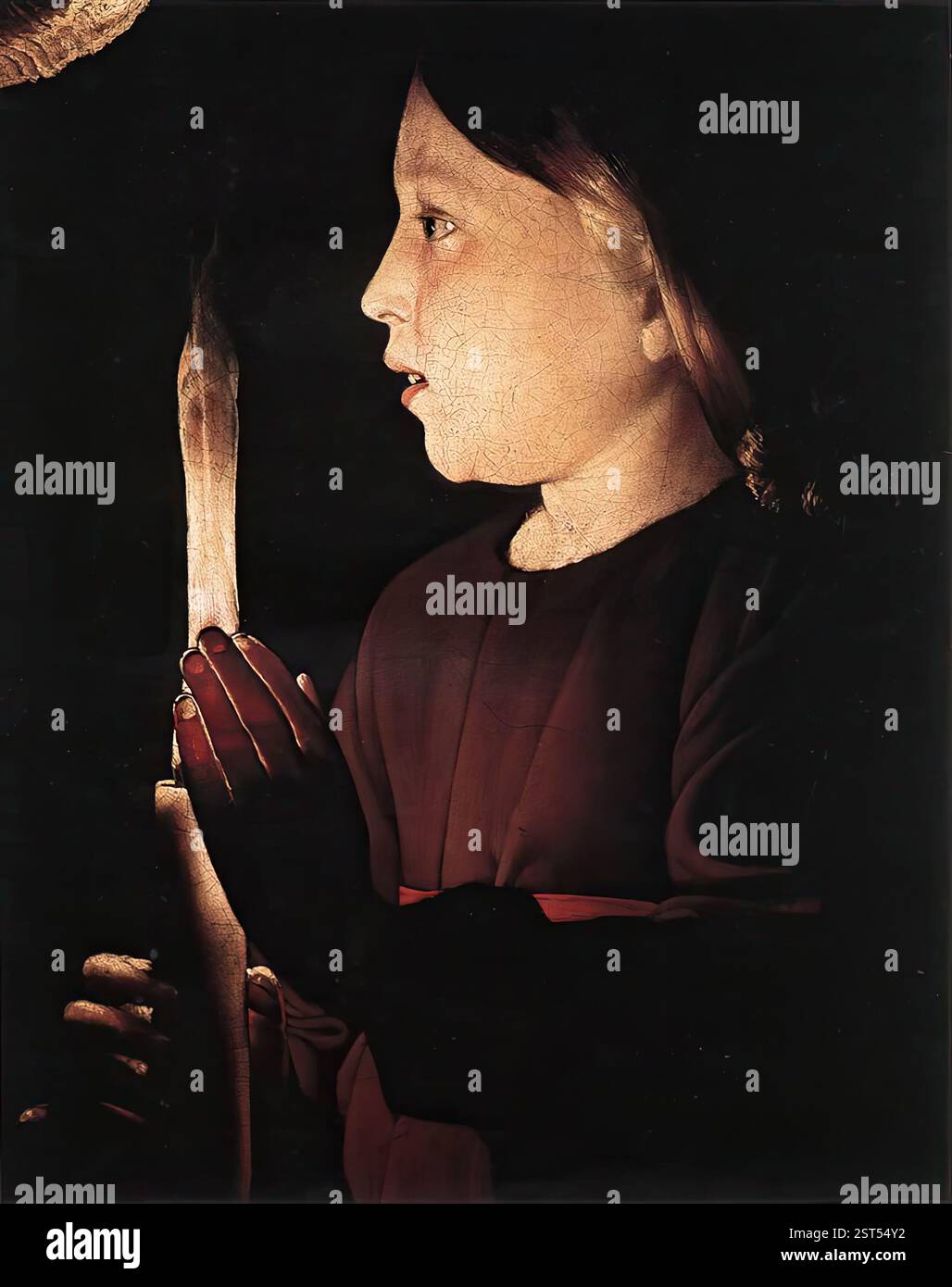 LA TOUR, Georges de (né en 1593, Vic-sur-Seille, décédé en 1652, Lunéville) le Christ dans la boutique du menuisier (détail) 1645 huile sur toile Musée du Louvre, Paris L'attention à l'humeur se manifeste dans l'observation minutieuse des effets de la lumière dans certaines zones, en particulier celle de la translucidité de la main de l'enfant silhouette contre la bougie, révélant même la saleté dans les ongles. --- mots-clés : ------------- Auteur : LA TOUR, Georges de titre : Christ in the Carpenter's Shop (détail) chronologie : 1601-1650 École : Français forme : peinture type : religieux Banque D'Images LA TOUR, Georges de (né en 1593, Vic-sur-Seille, décédé en 1652, Lunéville) le Christ dans la boutique du menuisier (détail) 1645 huile sur toile Musée du Louvre, Paris L'attention à l'humeur se manifeste dans l'observation minutieuse des effets de la lumière dans certaines zones, en particulier celle de la translucidité de la main de l'enfant silhouette contre la bougie, révélant même la saleté dans les ongles. --- mots-clés : ------------- Auteur : LA TOUR, Georges de titre : Christ in the Carpenter's Shop (détail) chronologie : 1601-1650 École : Français forme : peinture type : religieux Banque D'Images