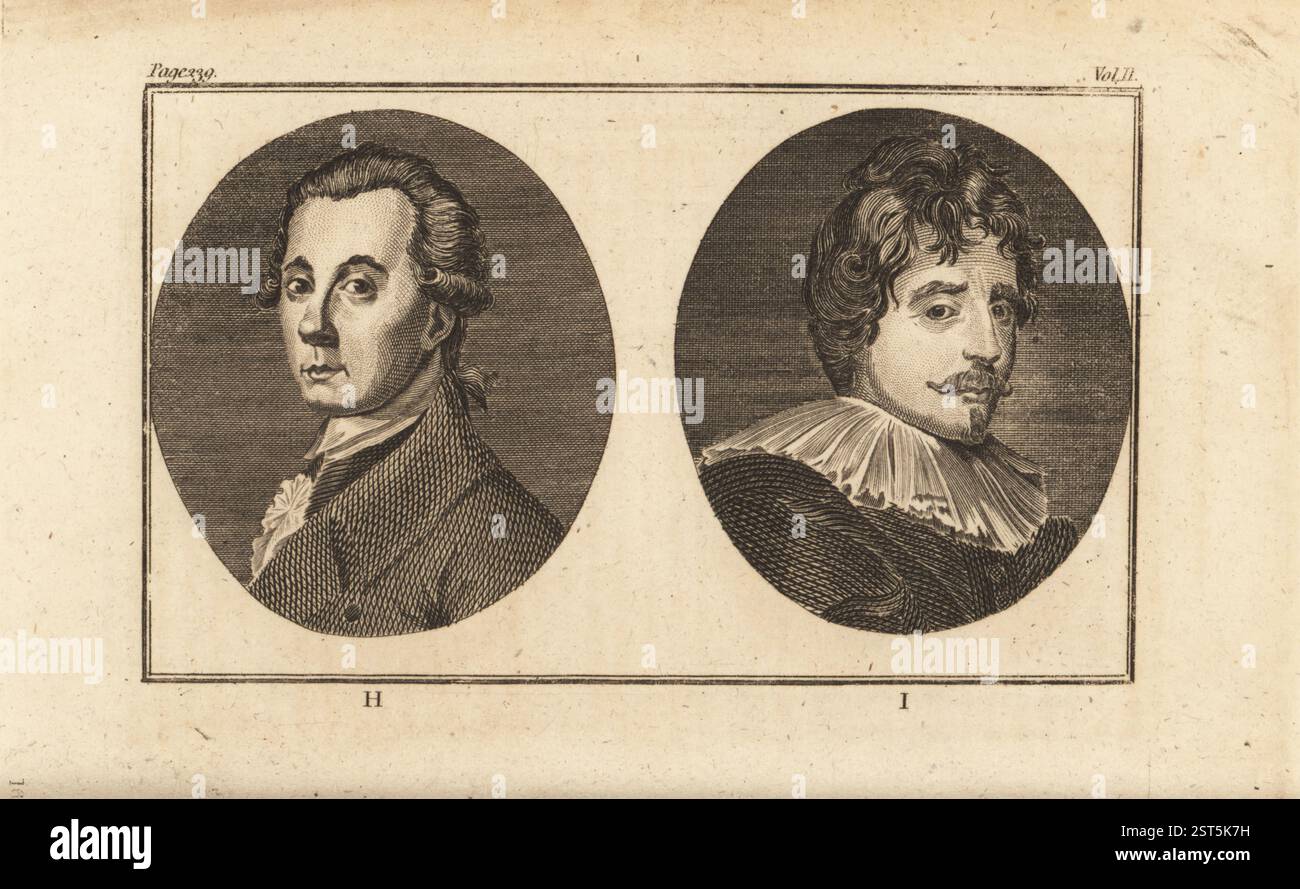 Le graveur allemand Paul Simon Jacob Malvieux, 1763-1791 (H) et Francesco di Quesnoy, appelé il Fiammingo, sculpteur 1597-1643 (I). Gravure sur cuivre de John Barlow de l’ouvrage The Whole Works of Lavater de John Grenville sur Physiognomy, W. Butters, W. Simmonds, Londres, 1797. Banque D'Images