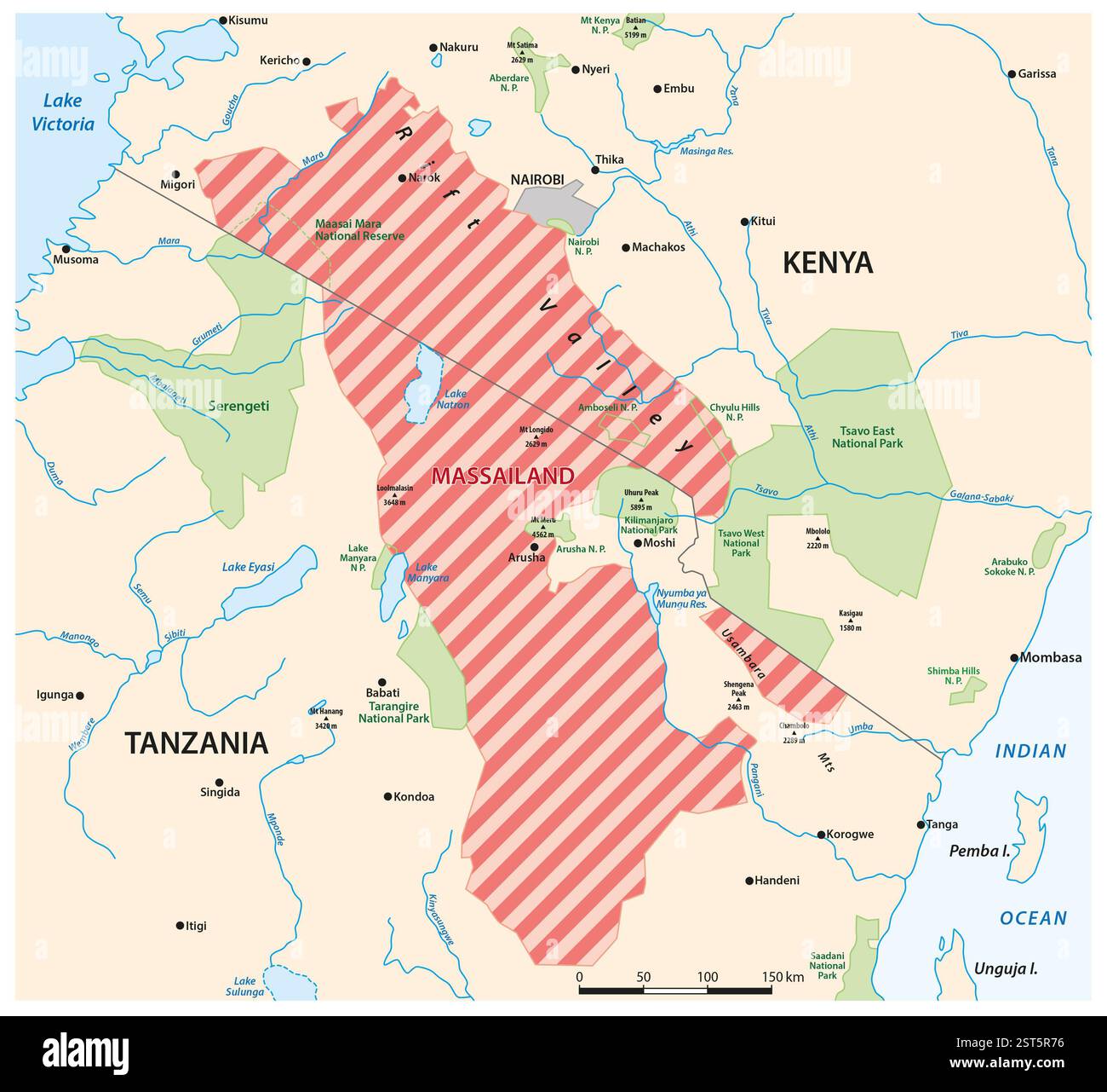 Carte de la zone tribale Massaï, Kenya, Tanzanie Banque D'Images