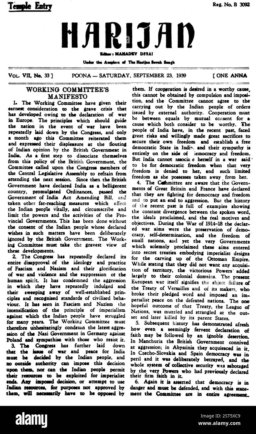 Première page du journal hebdomadaire du Mahatma Gandhi Harijan, le 23 septembre 1939 - AUTORISATION MODÈLE NON DISPONIBLE Banque D'Images
