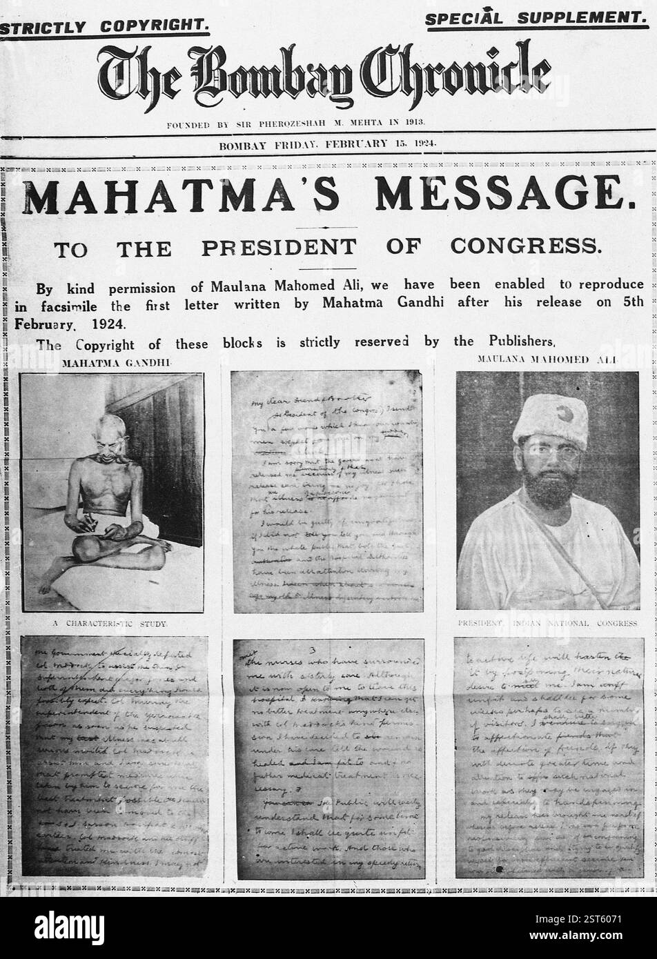 Première page de la Bombay Chronicle, 15 février 1924 Banque D'Images