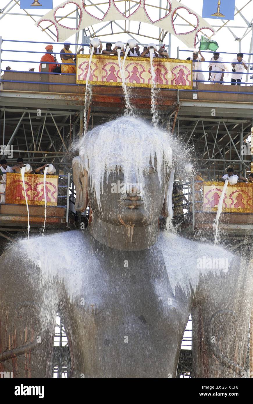 Les dévots jaïn versant du lait sur la tête de 58,8 pieds monolithique Statue de jaïn saint Gomateshwara (Seigneur Bahubali) dans Mahamastakabhisheka (tête anointin Banque D'Images