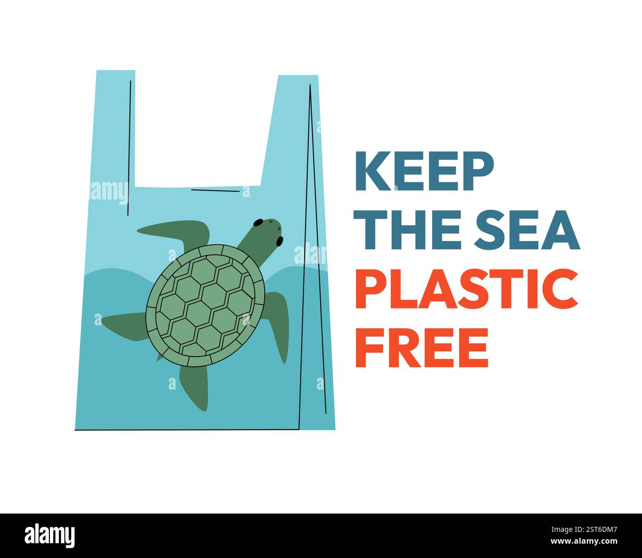 Gardez la tortue d'illustration vectorielle sans plastique de mer piégée dans un sac en plastique, sensibilisation à la pollution de l'océan, conception de campagne environnementale écologique Illustration de Vecteur
