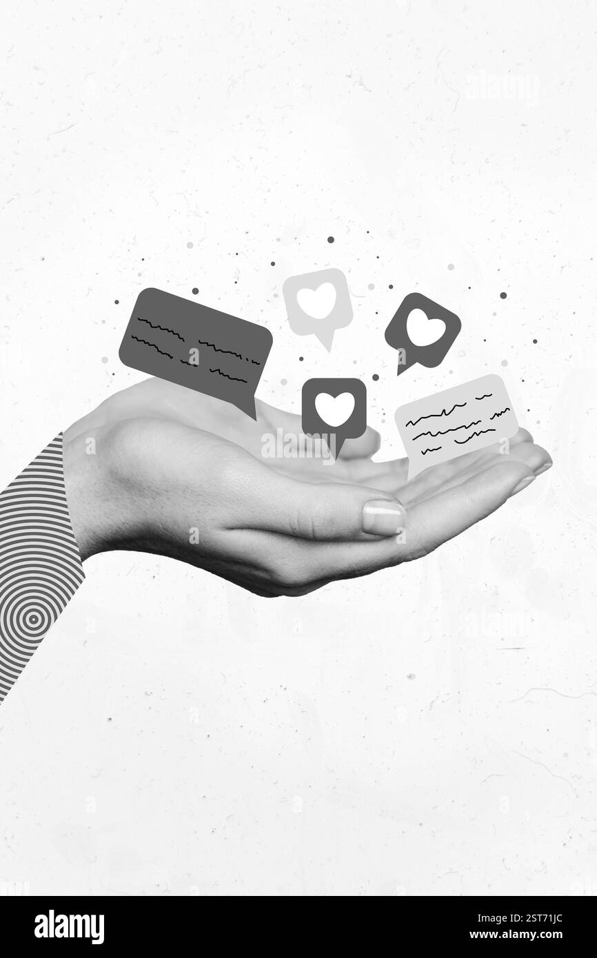 Image de collage vertical de couleurs noir blanc bras paumes tenir le message comme la notification de soutien ukraine isolé sur fond créatif Banque D'Images