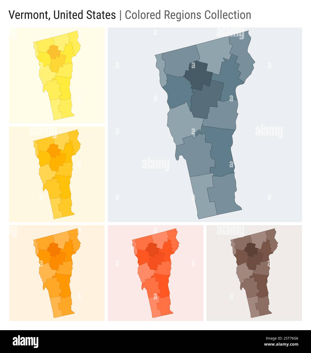 Vermont, États-Unis. Collection de cartes. Forme d'état. Comtés colorés. Bleu gris, jaune, ambre, orange, orange profond, palettes de couleurs marron. Illustration de Vecteur