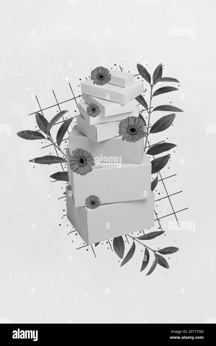 Rétro résumé création maquette modèle collage de carton pile boîtes pile rouge gerbera fleurs été livraison de printemps coursier Banque D'Images
