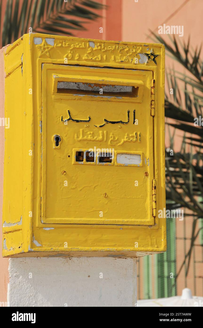 Boîte aux lettres jaune avec inscription arabe devant un palmier et un mur coloré, voyage à Quarzazate, Maroc, Afrique du Nord, Afrique Banque D'Images