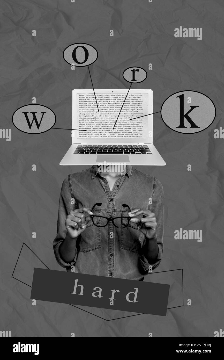 Photo créative maquette de collage 3D affiche de carte postale de la personne surchargée de travailler les heures supplémentaires gagner de l'argent isolé sur le fond de peinture Banque D'Images