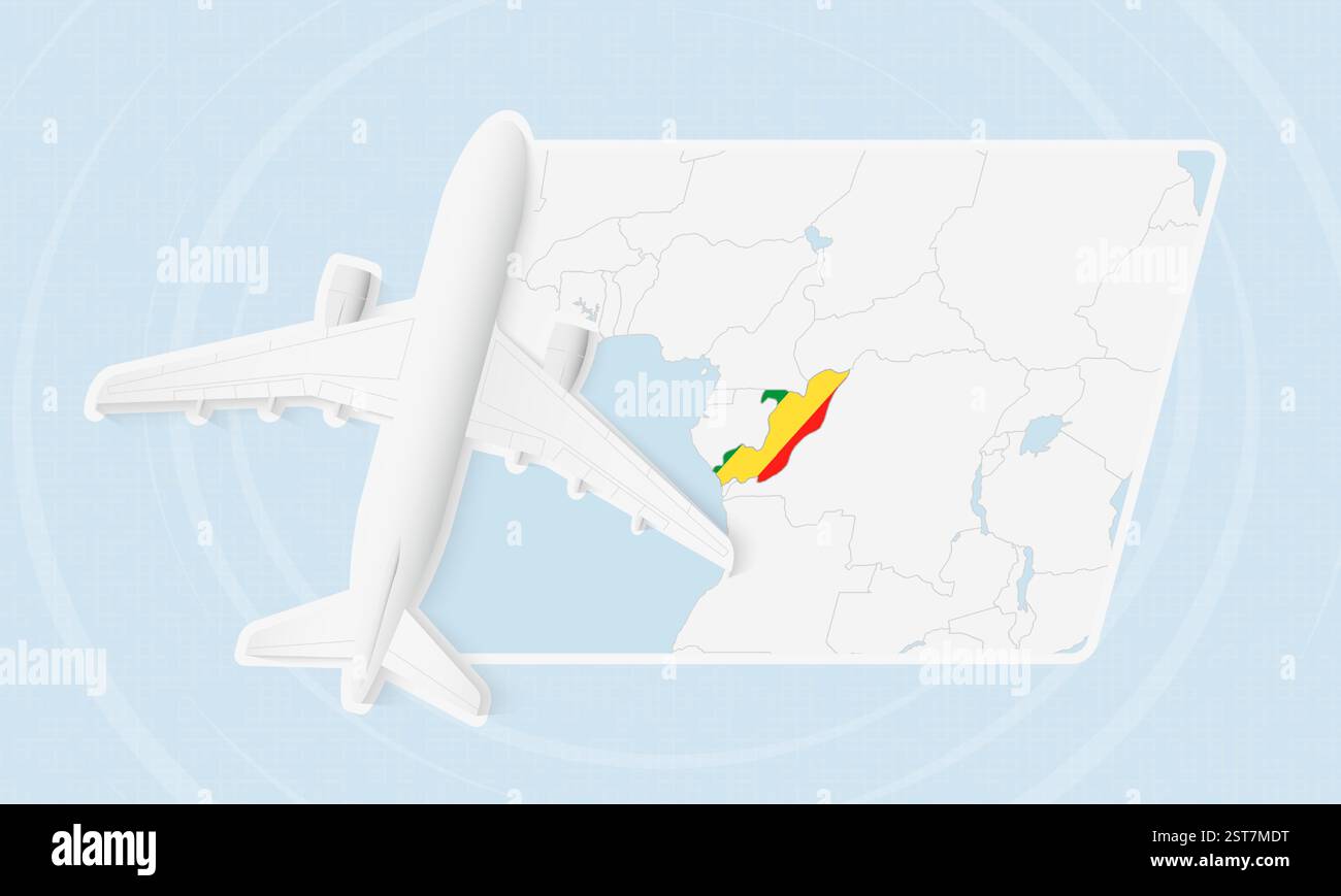 Congo illustration de voyage avec avion et drapeau national. Idéal pour les agences de voyages, le matériel promotionnel ou le contenu géographique lié au Congo. Illustration de Vecteur Congo illustration de voyage avec avion et drapeau national. Idéal pour les agences de voyages, le matériel promotionnel ou le contenu géographique lié au Congo. Illustration de Vecteur