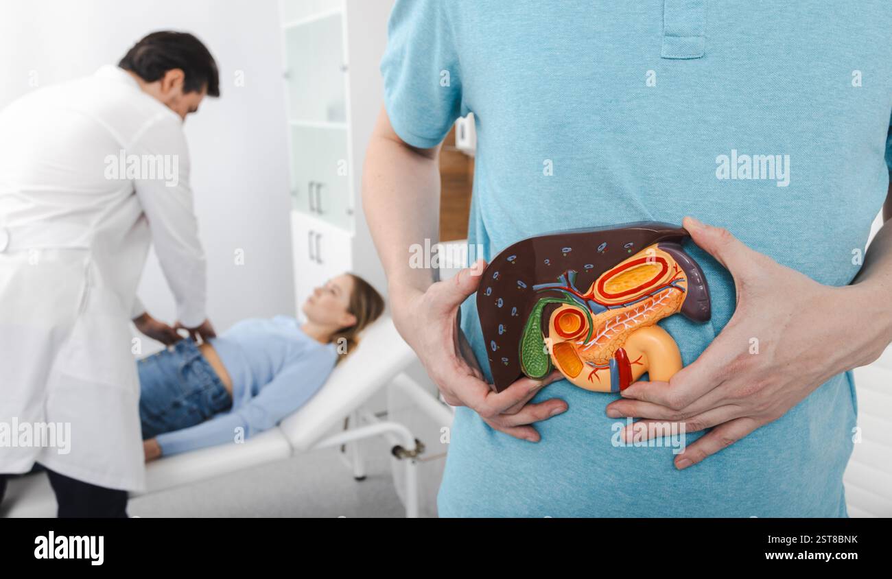 La santé hépatique humaine. Le spécialiste du foie diagnostique et traite une patiente pour une condition affectant le foie, la vésicule biliaire, les voies biliaires et le pancréas Banque D'Images