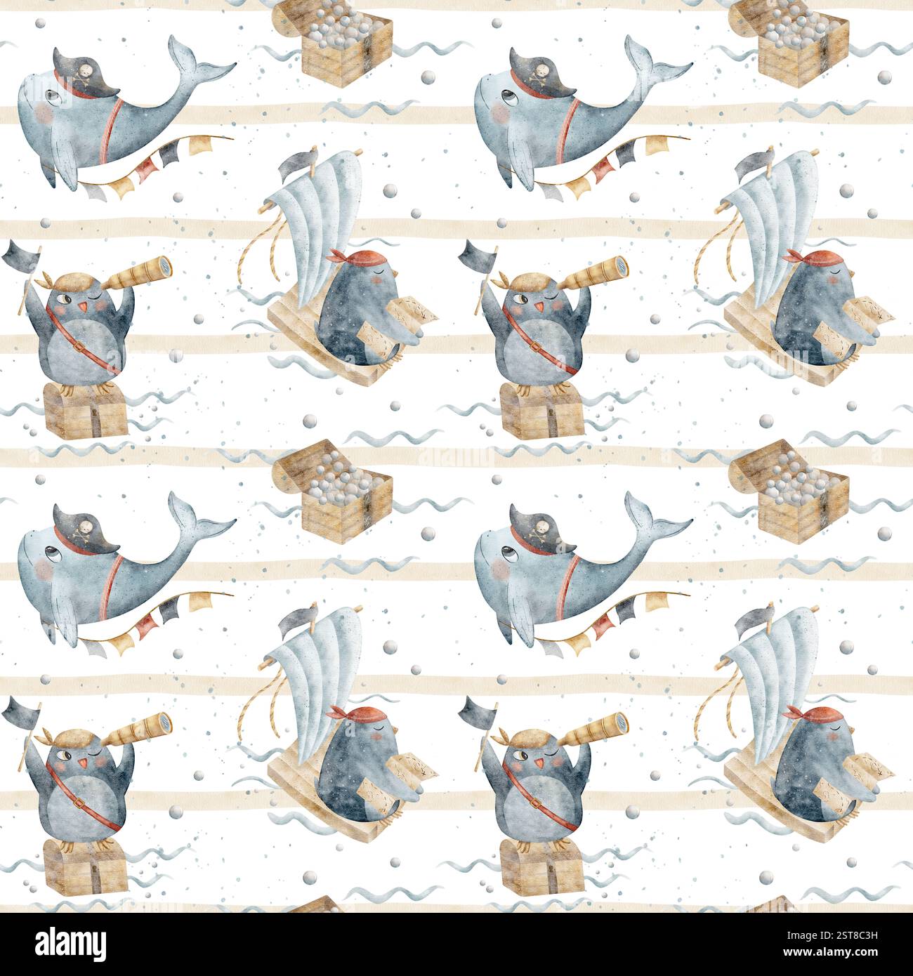 Motif géométrique aquarelle bleu pingouins baleine pirates. Bande beige pastel sans couture. Illustration dans le style des enfants sur fond blanc. Imprimer Banque D'Images
