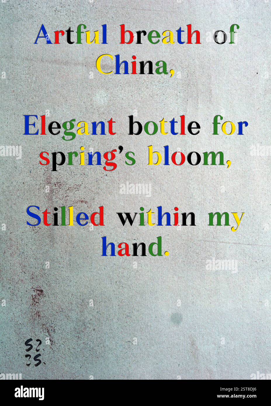 Souffle artistique de Chine, bouteille élégante pour la floraison du printemps, calmé dans ma main. Thatcher Emerson's Silver Writers' Guild. Art de Zsuzsa Szikra. Poésie Art Print, Triplumes est une forme poétique unique inspirée du haïku traditionnel, composée de trois lignes qui capturent des moments de clarté, d'émotion et de perspicacité. Dans notre collection, nous embrassons la liberté de la langue, où le mélange des mots et la suppression des traits d'Union est plus qu'un choix stylistique, c'est une façon de transmettre l'unité et la proximité entre les idées, créant une expression fluide et compacte qui résonne avec les rythmes de la vie moderne. Banque D'Images