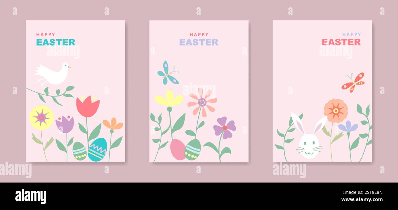 Set carte de joyeuses Pâques, design plat moderne avec des fleurs, des œufs, une colombe de paix et des lapins, dans un style de couleurs pastel. Illustration vectorielle sur rose Illustration de Vecteur