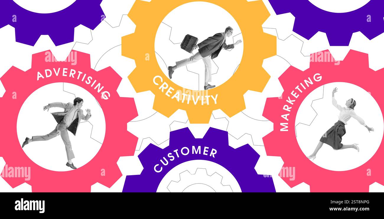 Collègues d'affaires à l'intérieur de grands engins colorés étiquetés créativité, marketing, publicité et client. Composants interconnectés de l'entreprise Banque D'Images