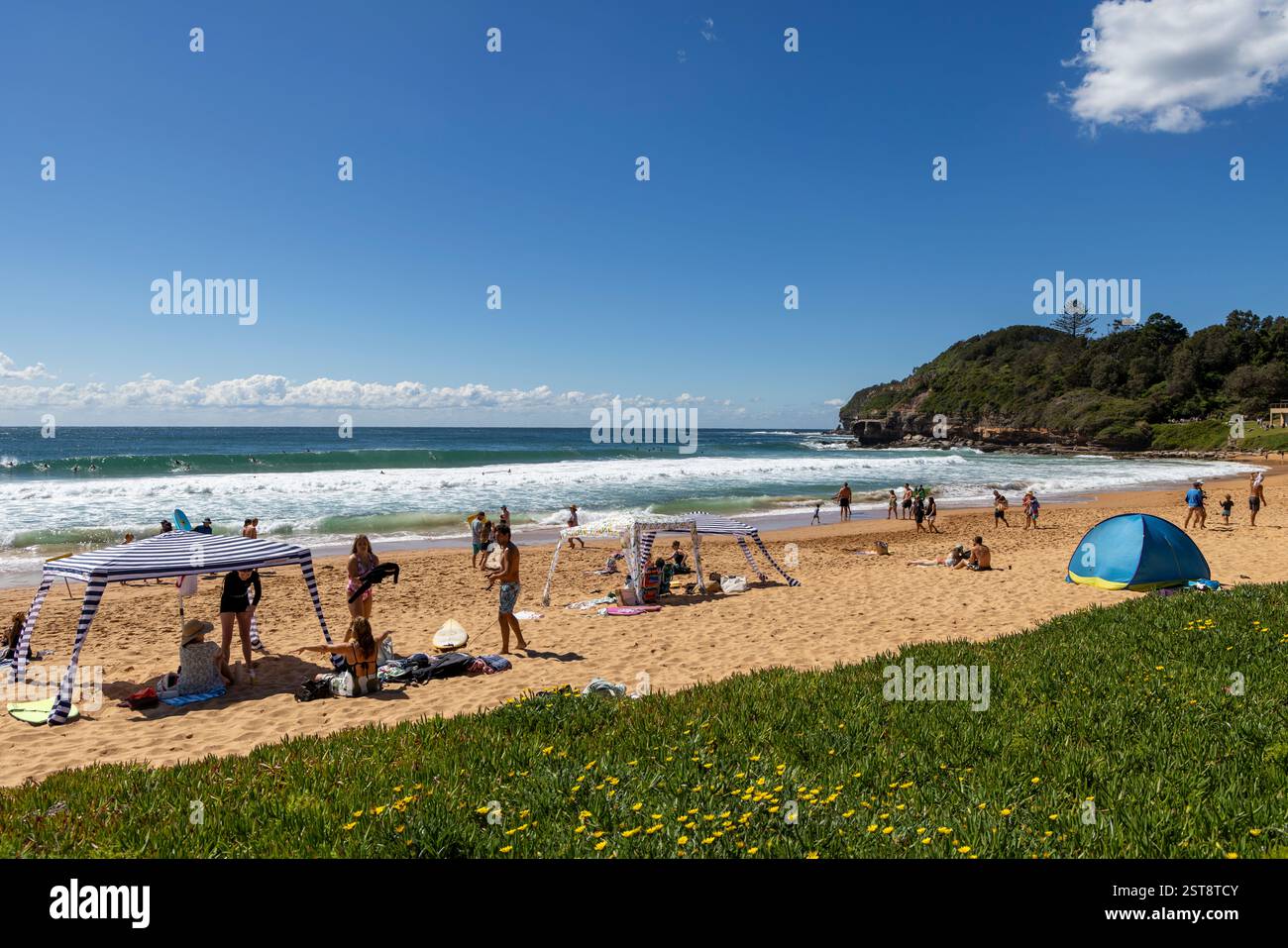 Warriewood Beach à Sydney Australie, les gens se détendent et prennent le soleil à la plage par une chaude journée d'été en Australie, 2025 Banque D'Images