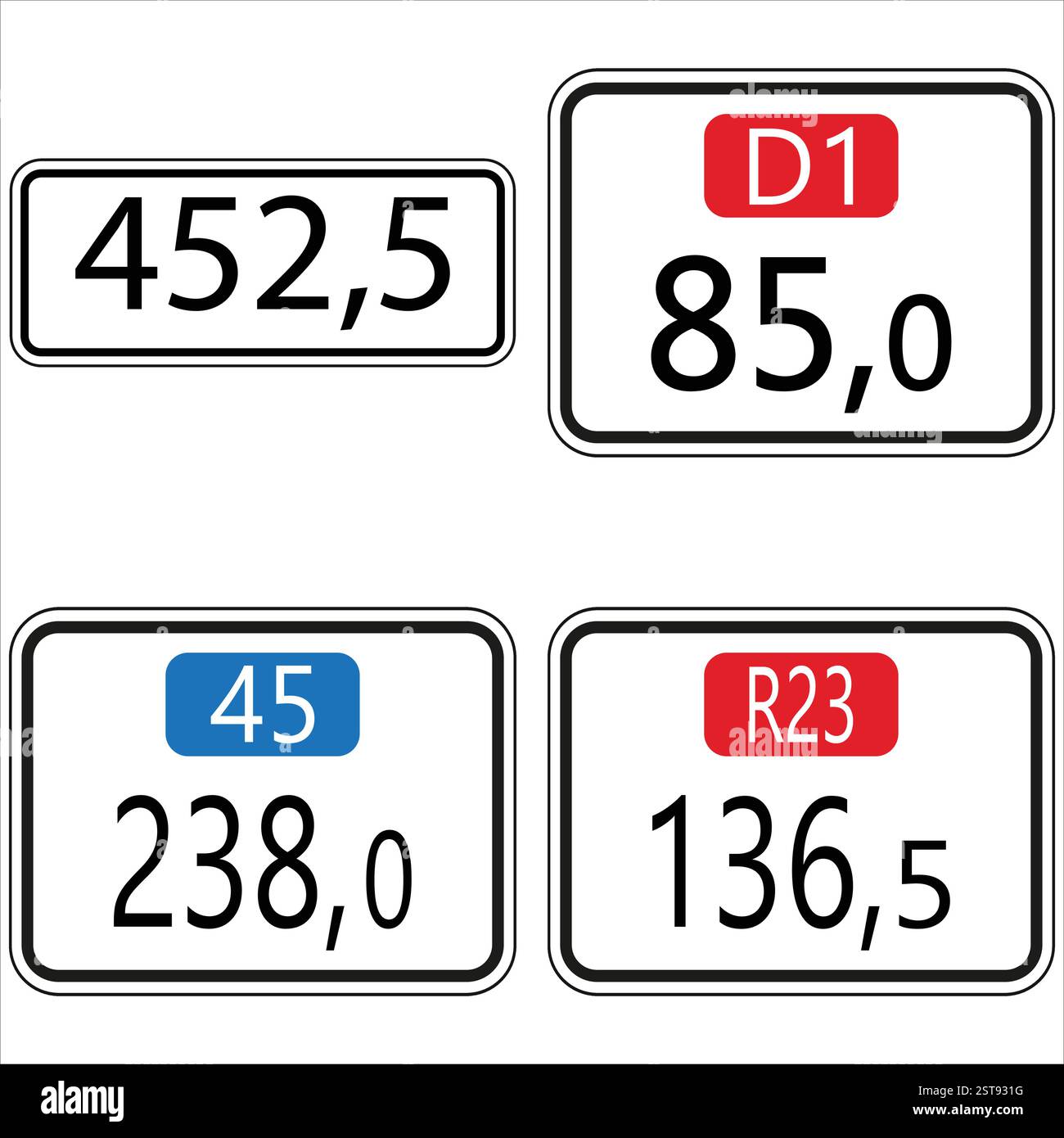 Quatre panneaux routiers distincts indiquant des points précis le long d'un itinéraire, avec des marqueurs numériques de kilométrage et des désignations d'itinéraire Illustration de Vecteur