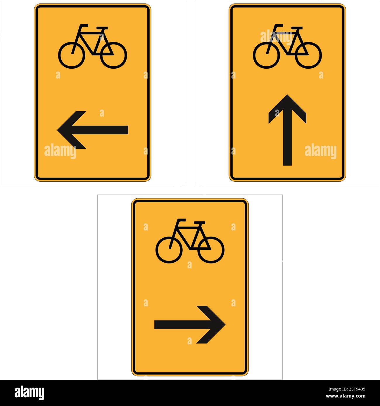 Trois panneaux jaunes de voie cyclable indiquant les directions autorisées, y compris la gauche, la droite et la ligne droite Illustration de Vecteur