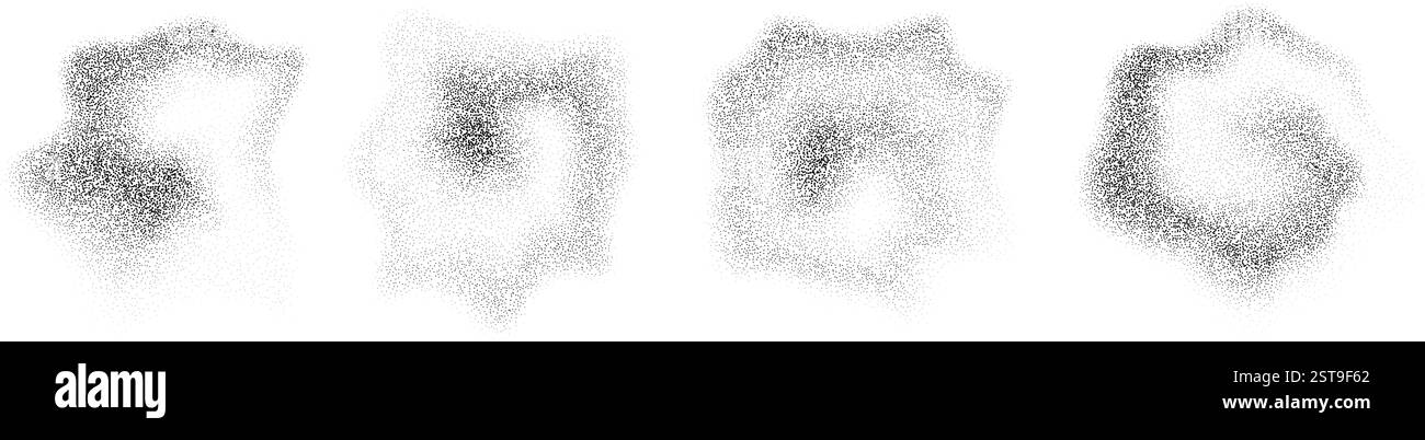 Formes de gouttes fluides à gradient pointillé. Taches et taches granuleuses. Ensemble d'objets liquides à pois noirs. Des éclaboussures de bruit et des éclaboussures se forment. Dissoudre la texture de poussière de sable. Eléments demi-ton à évanouissement vectoriel Illustration de Vecteur