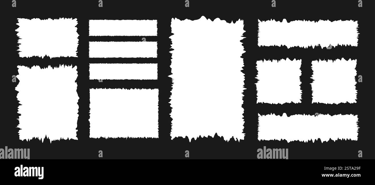 Ensemble de formes rectangulaires dentelées. Cadres grunge blancs. Ensemble d'éléments abstraits texturés pour collage, zone de texte, bannière, autocollant. Illustration vectorielle Illustration de Vecteur