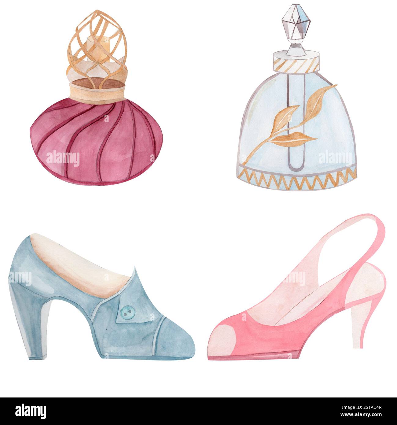 Vintage set bouteille de parfum bleu et rouge et chaussures. Illustration d'aquarelle dessinée à la main isolée sur fond blanc. publicité de parfum et marque de beauté Banque D'Images